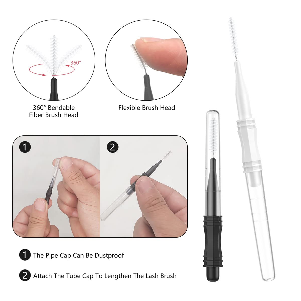 200 Pcs Micro Eyebrow Brushes With Cap, Multifunctional Eyebrow Spoolie Brush Brow Lamination Brush 2 Size Micro Spooly Lash Mascara Brushes Comb for Eyelash Lift Extensions Brow Clean(White, Black)