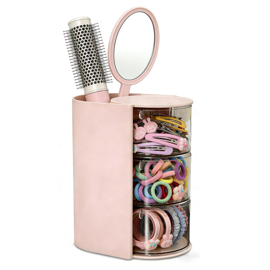 Goujfol Hair Accessories Organizer, 3 Layer Hair Tool Organizer with Brush Holder, Rotatable Makeup Storage Organizers for Girls, Storage Box for Clip, Rings (Pink)