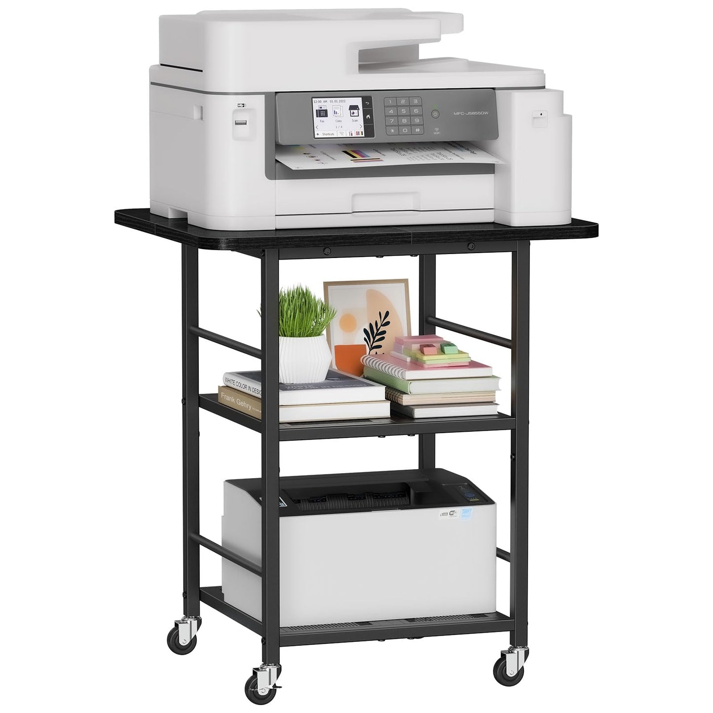 Snughome 3-Tier Printer Stand, 19.7" D×23.6" W×26.5" H Extra Large Printer Table with Storage Shelves, Rolling Cart with Lockable Wheels for Home Office, Black