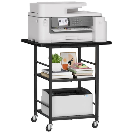 Snughome 3-Tier Printer Stand, 19.7" D×23.6" W×26.5" H Extra Large Printer Table with Storage Shelves, Rolling Cart with Lockable Wheels for Home Office, Black