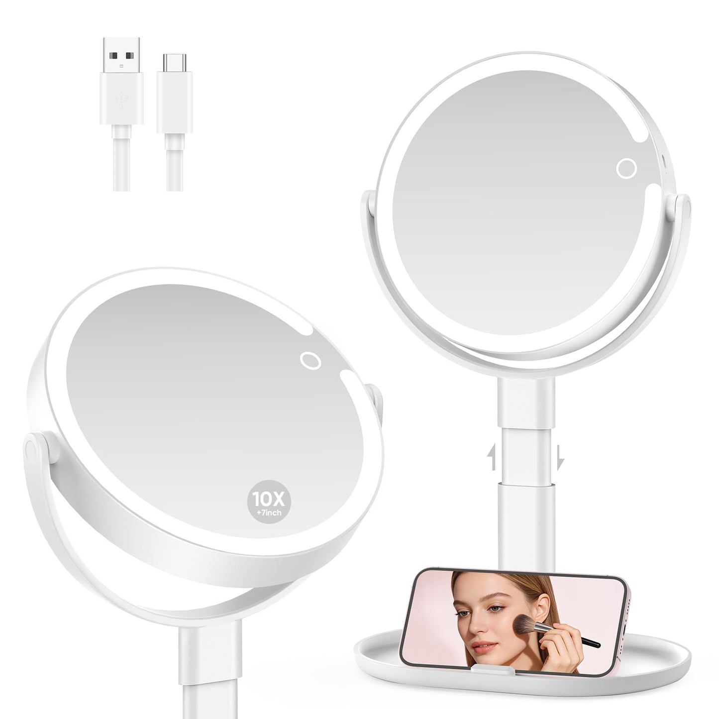 GONOBLE Lighted Makeup Mirror with 10X Magnification, Rechargeable LED Magnifying Vanity Mirror with 3 Lights, Adjustable Height, Storage Base and Phone Holder, White, 7 inch