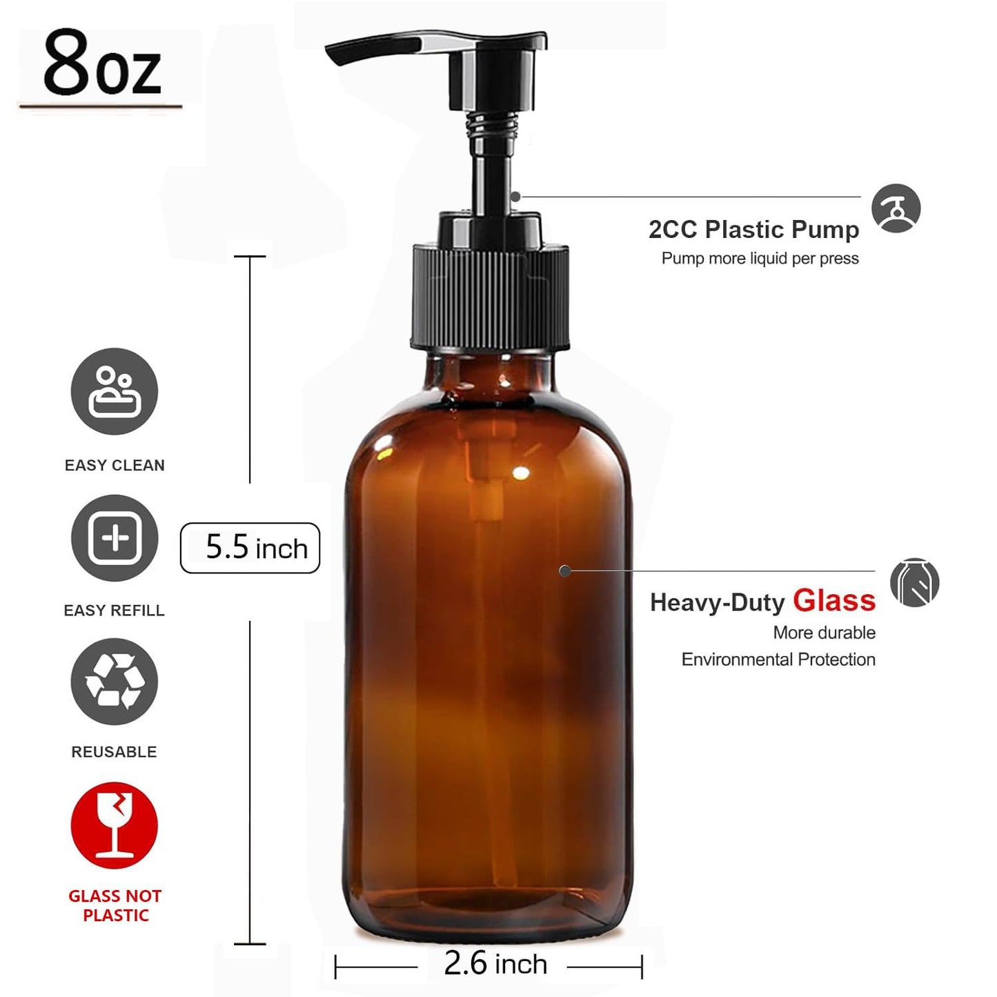 BPFY 4 Pack 8 oz Amber Glass Pump Bottles, Boston Round Bottles with Pumps for Lotion, Soap, Massage Oils, Refillable Containers with Caps