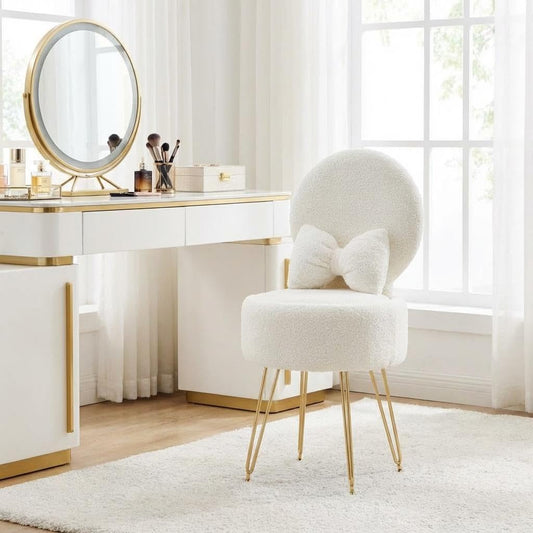 Garvee Vanity Stool Chair with Pillow & Foldable Backrest, Sherpa Fleece Vanity Chair with Stroage Space & Metal Legs, Soft Storage Ottoman, Modern Accent Chair for Makeup Bedroom Living Room, White