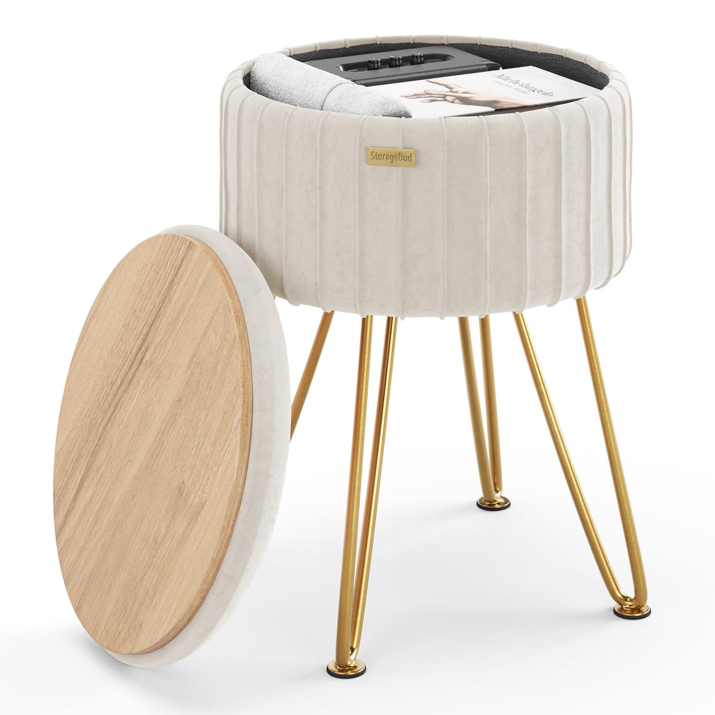 STORAGEBUD Round Ottoman with Storage, Pleated Velvet Storage Ottoman, Foot Stool Ottomans, Makeup Vanity Stool, Small Ottomans Foot Rest, Modern Vanity Stools for Living Room and Bedroom, Cream