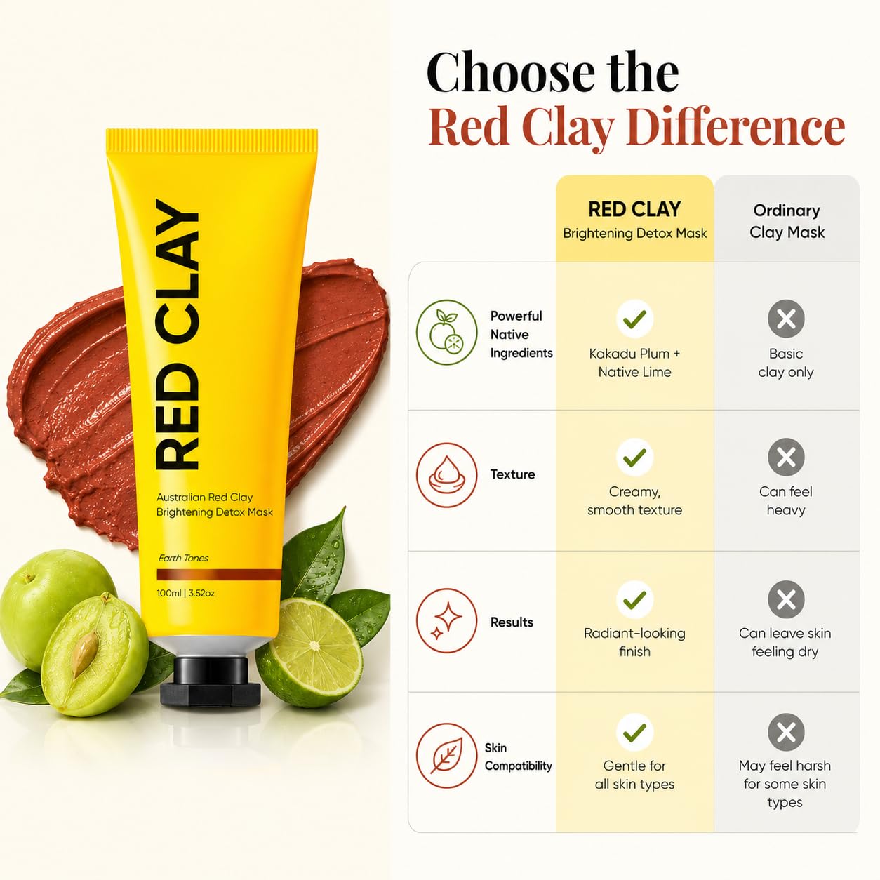 Australian Red Clay Face Mask, Mineral-Rich Detox Mud Mask with Kakadu Plum & Native Lime Extracts, Helps Support Smoother, Radiant-Looking Skin, Gentle Clay Mask for All Skin Types, 3.52 oz / 100 mL