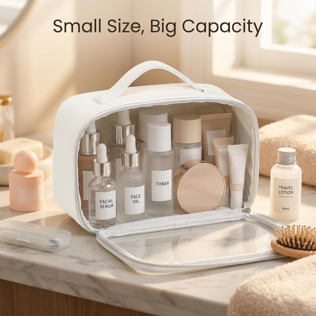 Travel Toiletry Bag for Women, Clear Makeup Bag Organizer with Handle, Waterproof Cosmetic Case for Travel Essentials, Portable Bathroom and Skincare Storage Bag for Daily Use, White