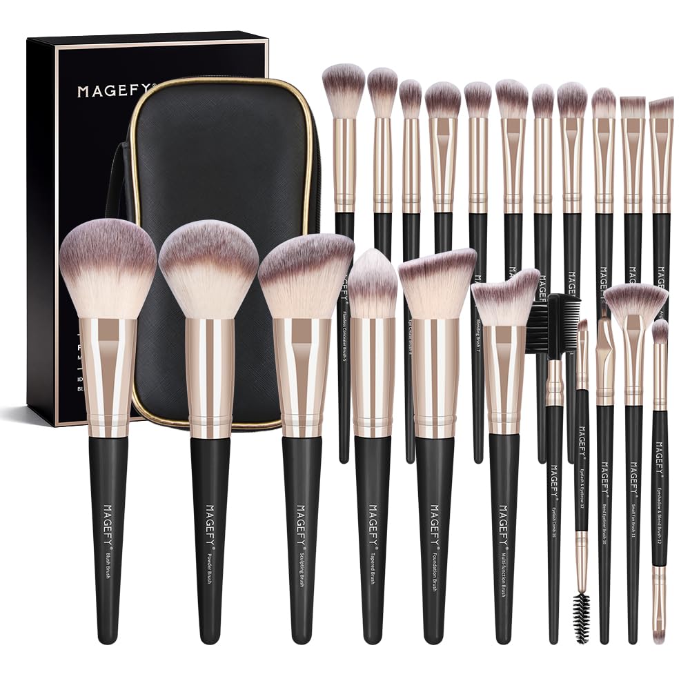 MAGEFY Makeup Brushes, 22 Pcs Professional Premium Synthetic Makeup Brush Set with Case, Foundation Eyeshadow Brush Travel Make up Brushes Set (Blackgold)