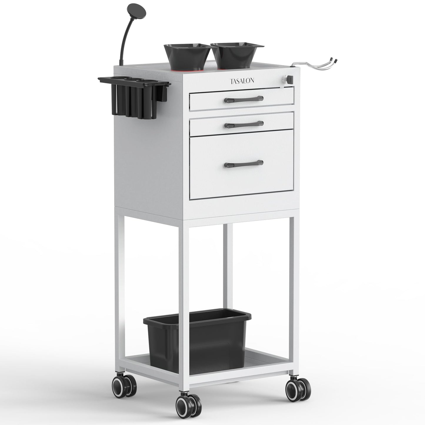 TASALON Salon Trolley Cart with Wheels, Lockable Metal Rolling Cart with Drawers, Magnetic Bowls & Phone Holder, Mobile Storage Organizer for Hair Stylist, Barber & Tattoo Supplies, White