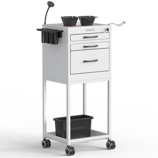 TASALON Salon Trolley Cart with Wheels, Lockable Metal Rolling Cart with Drawers, Magnetic Bowls & Phone Holder, Mobile Storage Organizer for Hair Stylist, Barber & Tattoo Supplies, White