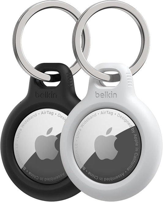Belkin AirTag Secure Holder Case - Durable Scratch Resistant with Key Ring - Protective AirTag Accessory For Keys, Pets, Luggage - 2-Pack Black & White