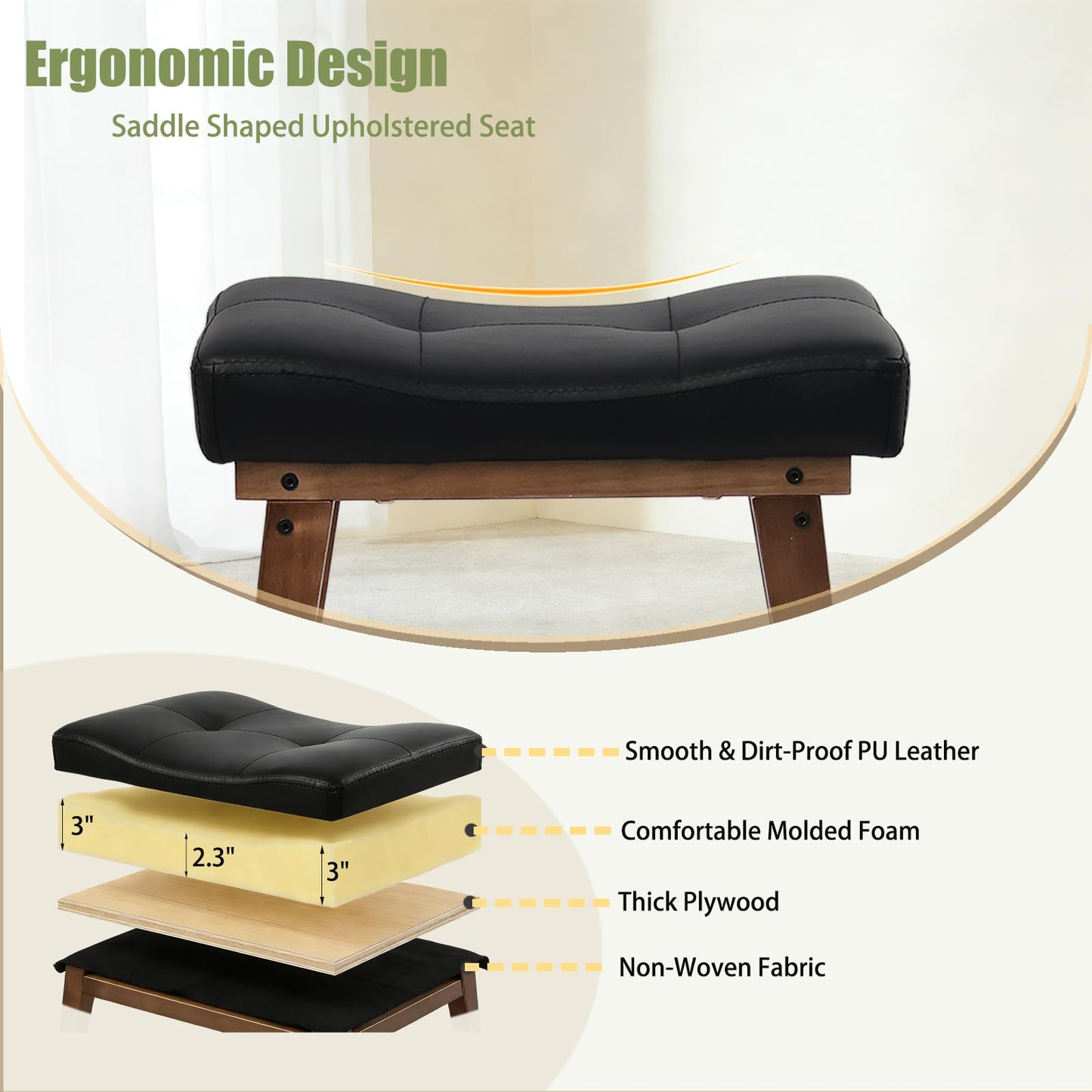 FLYZC Saddle Seat Vanity Stool with Wood Legs, Makeup Stool Chairs, U-Shaped Ottoman Foot Rest Stools, Modern Makeup Bench, Small PU Leather Square Chair Under Desk for Vanity, Living Room Black