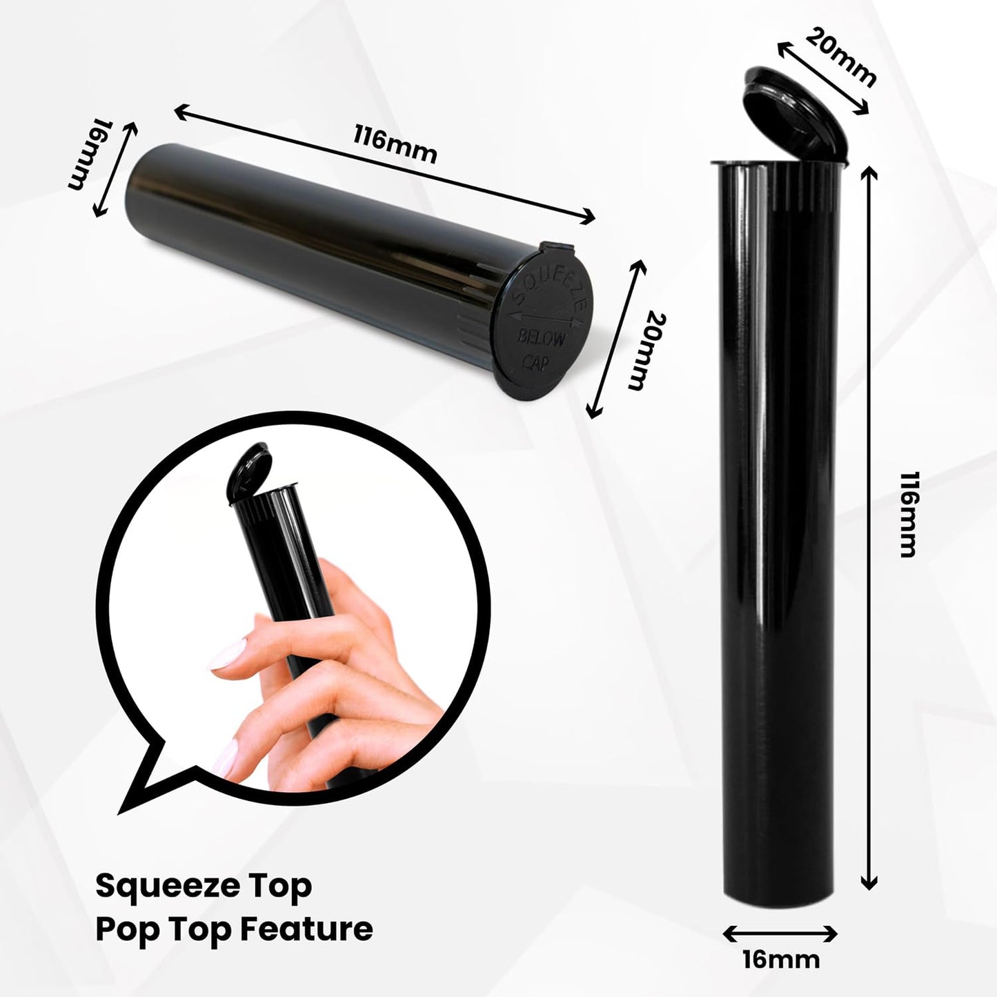 Packlahoma 100 Pack 116mm Tubes Black King Size - Plastic Pop Top Tubes with Squeeze Cap - Airtight, Waterpoof and Child Proof Container (100 Count) (Black 116mm 100Pack)