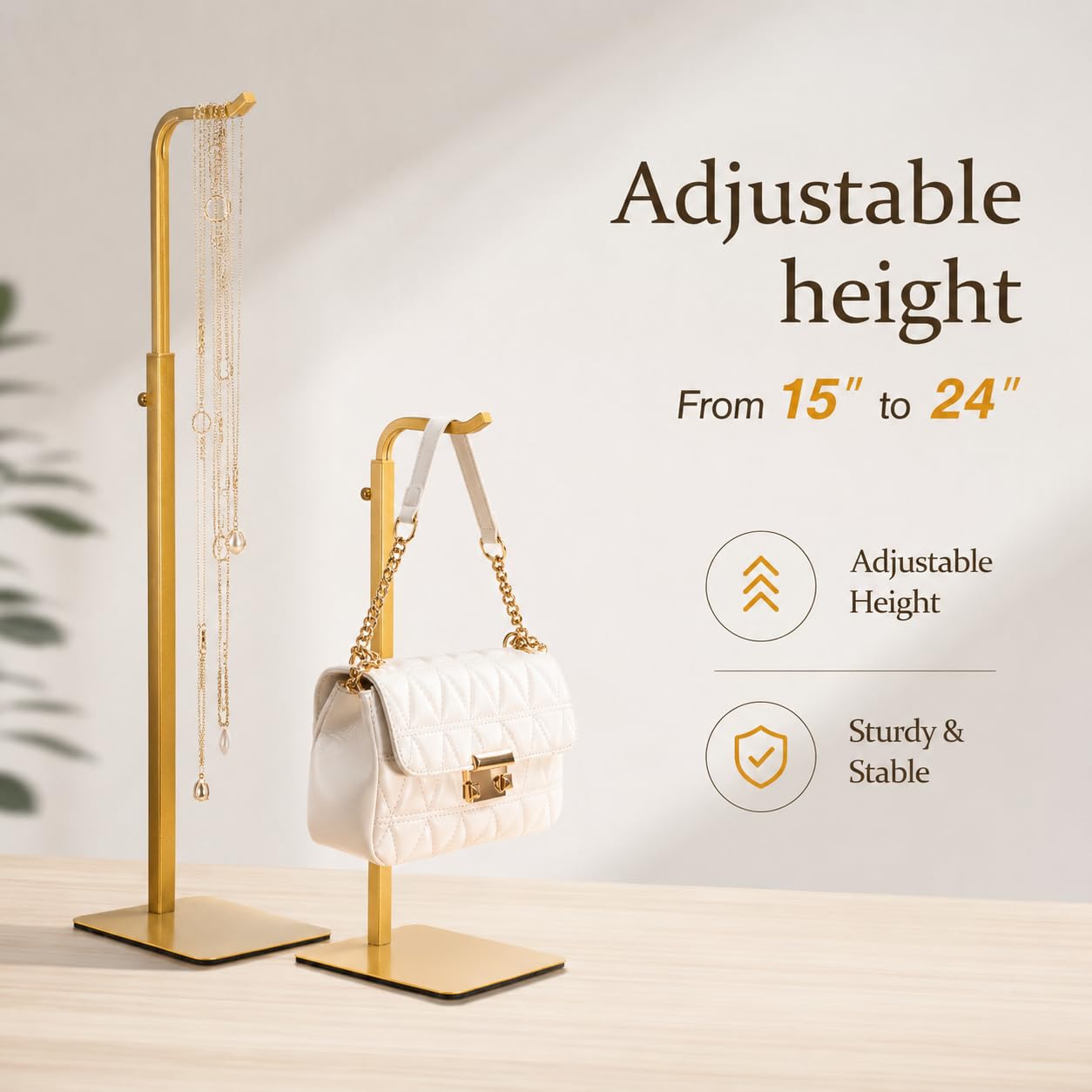 Josmimic Purse Display Stand, Height-Adjustable Tabletop Handbag Holder, Multi-Use Display Rack and Banner Stand for Happy Birthday Banners, Lanterns and Wreaths, for Home, Retail and Party Use, Gold