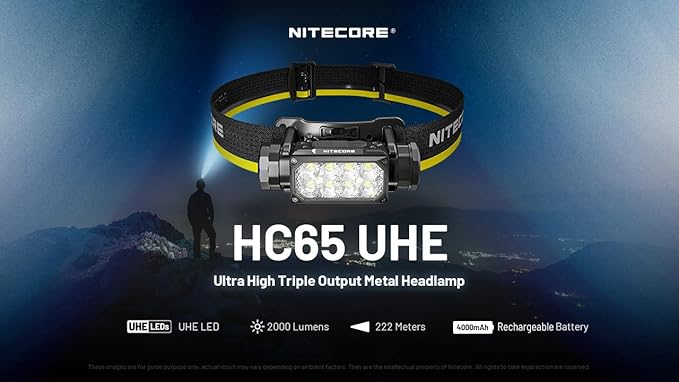 Nitecore HC65 UHE Headlamp, 2000 Lumen Max Heavy Duty Metal, USB-C Rechargeable with White, Red, and Reading Lights for Camping, Hiking, Hunting, and Industrial Works with LumenTac Organizer (Black)