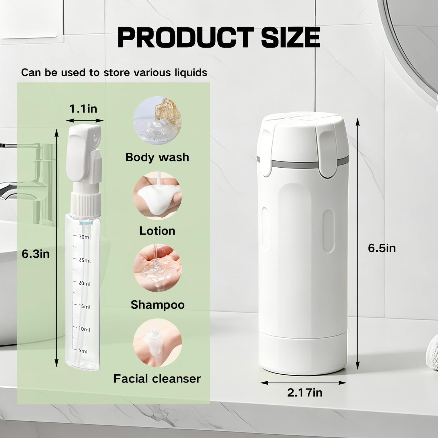 4 in 1 Travel Dispenser Bottle with Pump for Vacation & Business Trip, Leakproof & Easy Clean Travel Bottle and Toiletries Containers with Scale and Labels for Shampoo, Conditioner, Lotion & Skincare
