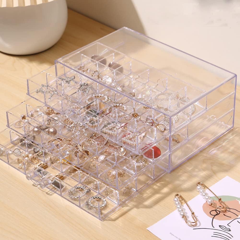 QIYUSHRY Earring Storage Box Acrylic Jewelry Storage Holder Ring Clear Plastic Transparent Jewelry Display Stand with 3 Drawers 72 Small Compartment Tray for Women Girls