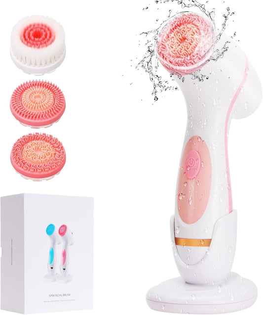 Beautivana Facial Cleansing Brush, Waterproof Dual-Rotation Face Scrubber with 3 Brush Heads & 2 Speed Settings, Rechargeable Exfoliating Face Brush for Deep Cleansing & Daily Skin Care (Pink)
