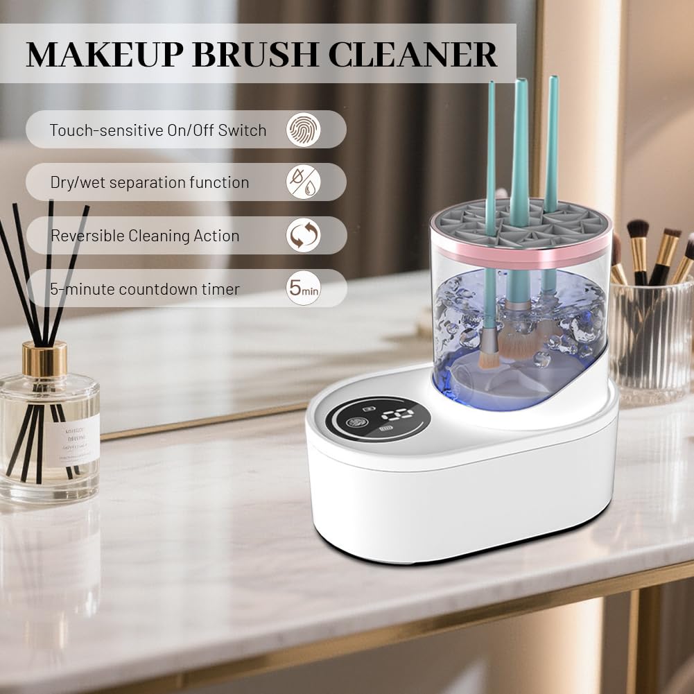 Glomora 3 in 1 Electric Makeup Brush Cleaner and Dryer Machine, Automatic USB Rechargeable with High Speed Rotation, Transparent Storage Case for Home, Model HZ-008