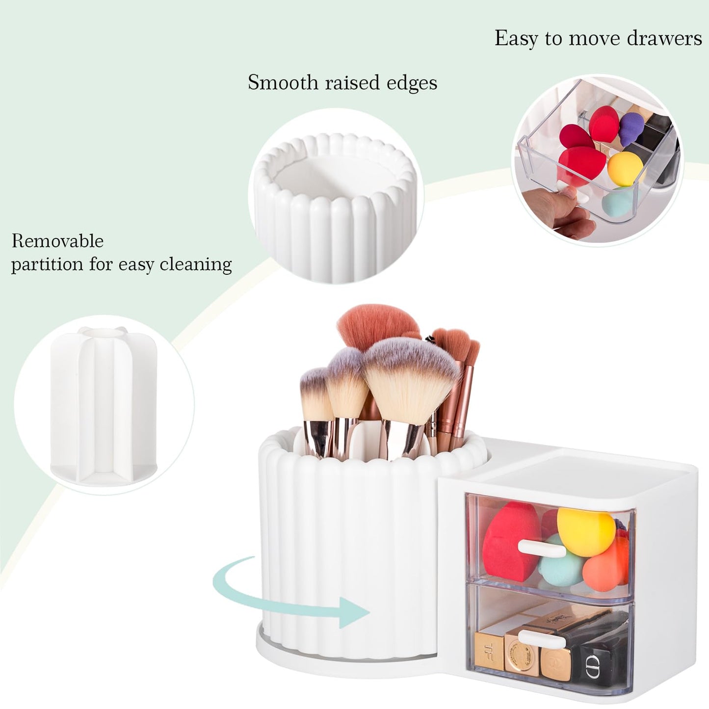 Anyoifax 360 Rotating Makeup Brush Holder 7 Slots Makeup Organizer with Drawer Removable Spinning Cosmetic Storage Pen Holder for Vanity, Dresser, Desk, White