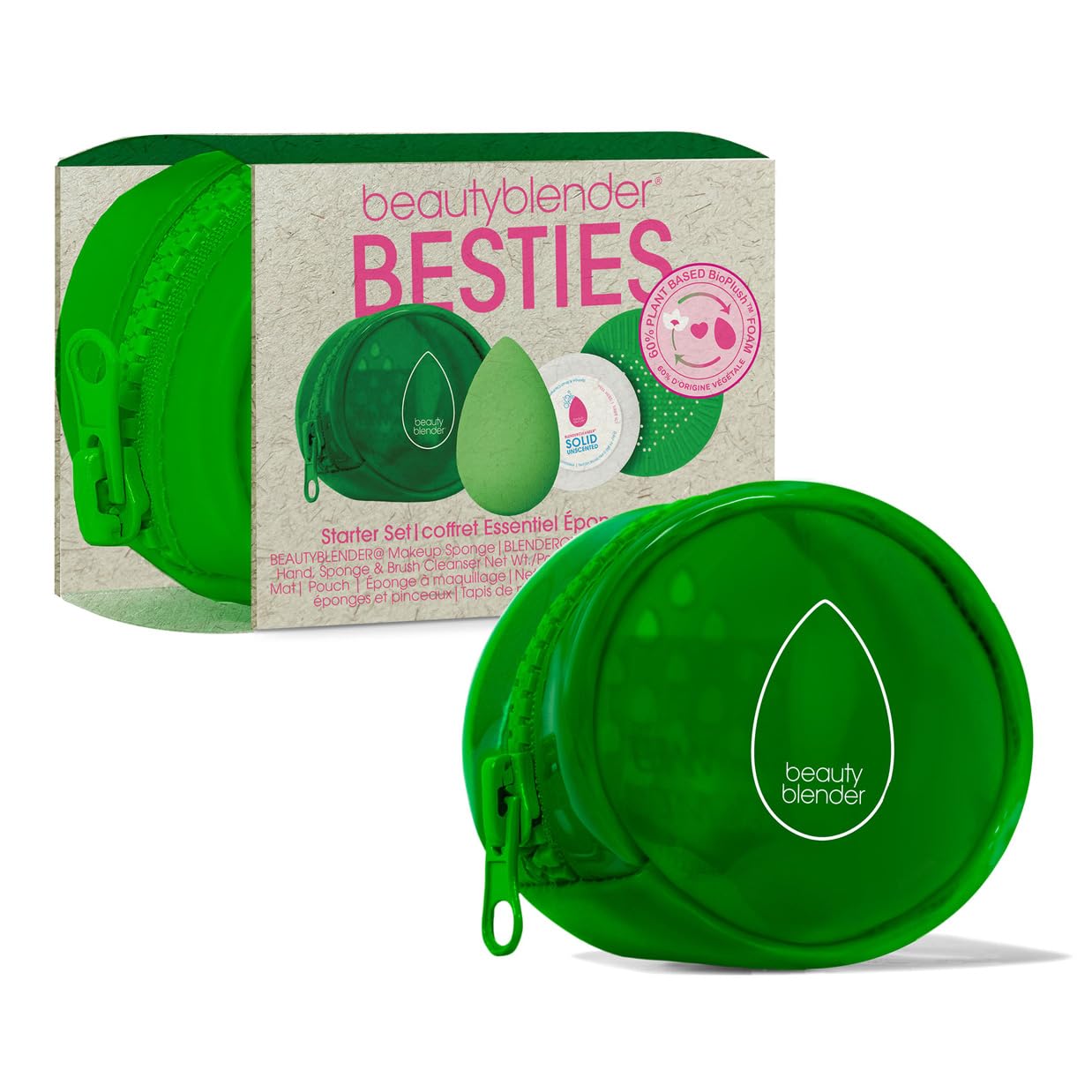 Beautyblender® | Besties Bio Pure Blend & Cleanse 4-Piece Starter Set, Bio Pure Makeup Sponge + Solid Unscented Cleanser .558 oz + Silicone Scrub Mat + Travel Case, Made in USA, Vegan, Sustainable