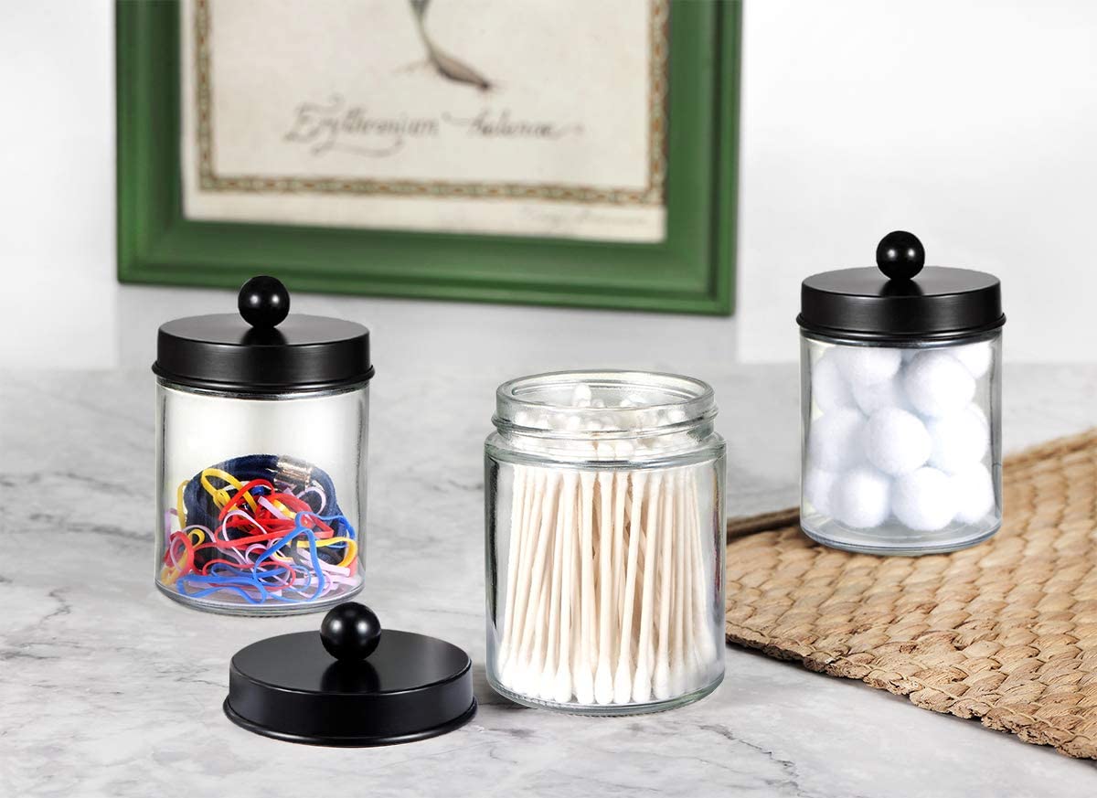 Amolliar 4 Pack Glass Apothecary Jars Bathroom Vanity Storage Organizer Set-Qtip Dispenser Holder with Stainless Steel Lids &Cute Stickers-Countertop Canister for Qtips,Cotton Swabs,Makeup Sponges