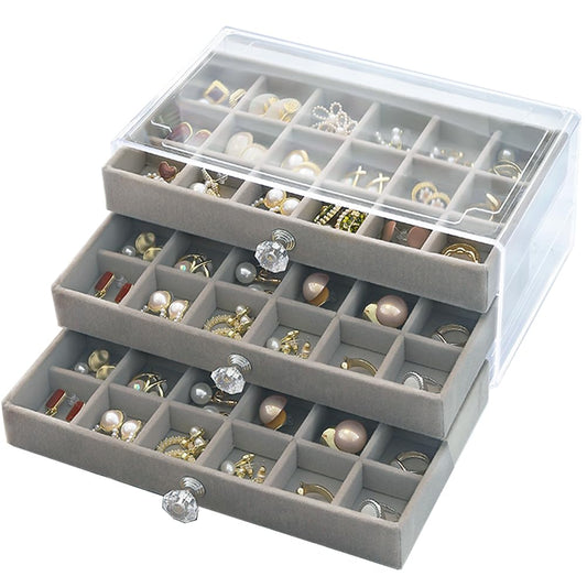 SPAKOWN Earring Box Holder Organizer Display Case, Clear Velvet Jewelry Storage Tray Organizer for Earring Ring Stud (Grey - 3 Drawers)