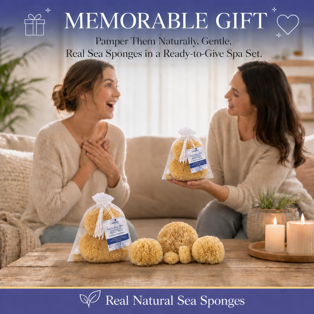 Real Natural Sea Sponges Multipack - 5pc Spa Gift Set in Premium Bag, Kind on Skin, for Bath Shower Facial Cleansing, Pamper Moms Brides Girlfriends & Teens (5 Pack Standard Packaging)