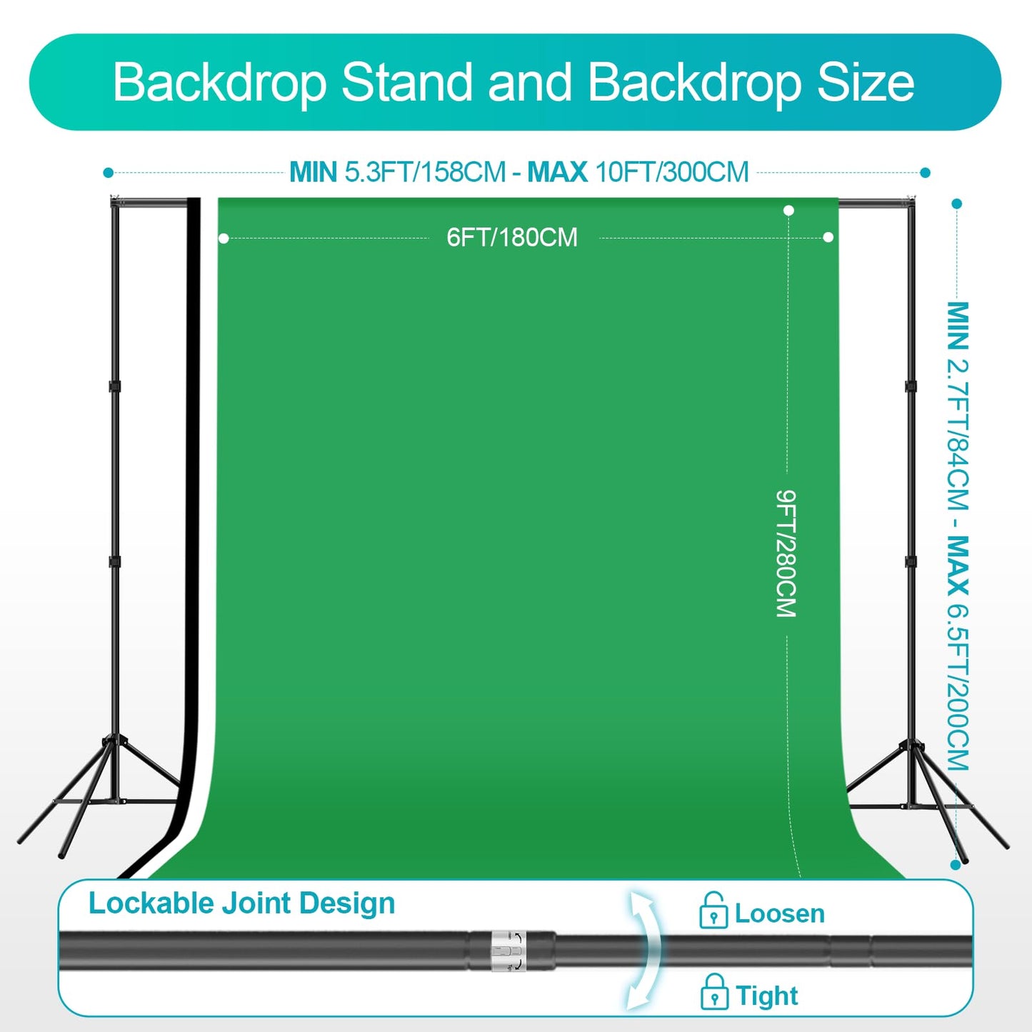 EMART 6.5x10ft Backdrop Support System, Professional Photography Lighting Kit with 45W CFL Blub, Umbrellas, 6x9ft Backdrop(White/Black/Green) for Photography Studio, Portrait, Video Shooting
