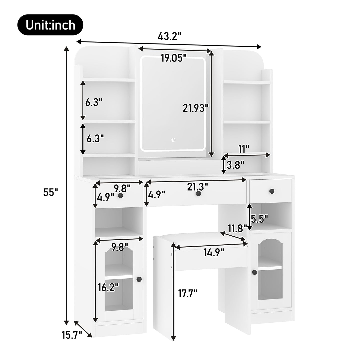 43.2" Vanity Desk with LED Mirror and RGB Glass Light Cabinets, Dressing Table with 3 Drawers, Storage Shelves, Glass Top, Adjustable 3-Color Lighting, Charging Station and Stool for Bedroom, White
