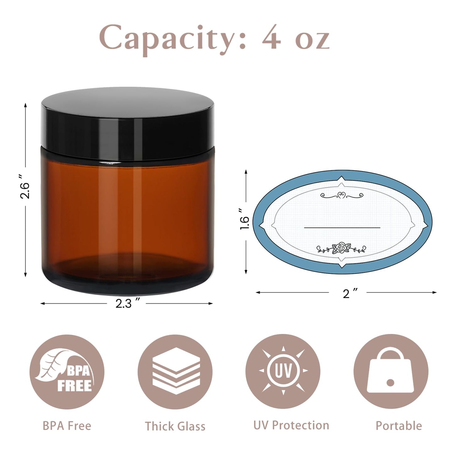 Qeirudu 4 Oz Small Glass Jars with Lids, 12 Pack Airtight Amber Cosmetic Jars with Inner Liners Round Empty Travel Sample Containers for Lotions, Creams, Candles, Body Butters