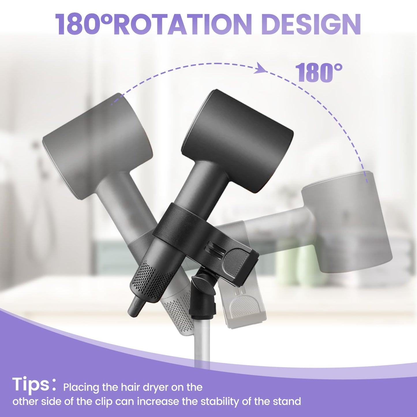 BShome Adjustable Hair Dryer Stand, 29-59 Inch Hair Dryer Holder with Tripod and Universal Clip, 360-Degree Rotating Blow Dryer Stand for Bathroom, Vanity, Makeup Roo, black