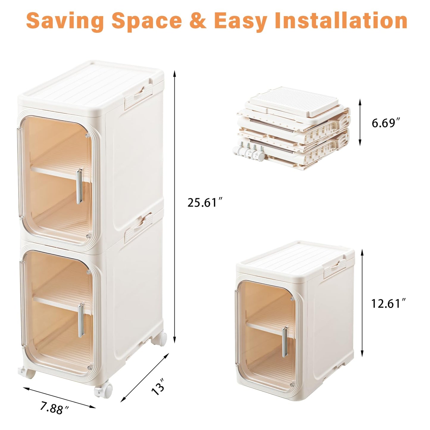 AntStep 2-Tier Slim Bathroom Storage Cabinet, Narrow Storage Cabinet with Wheels, Adjustable Shelves, Magnetic Doors, Water-Proof, Anti-Tip Skinny Organizer Cabinet for Small Space, Cream White