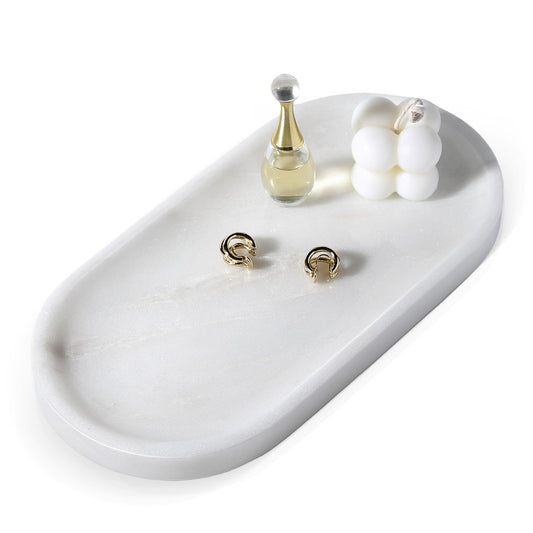 Koville African Natural White Marble Decorative Tray, 10" x 5" Marble Vanity Tray for Bathroom Countertop Organizer Stone Trays, Catchall Tray for Perfume, Candles, Jewelry (Namib Bianco White)
