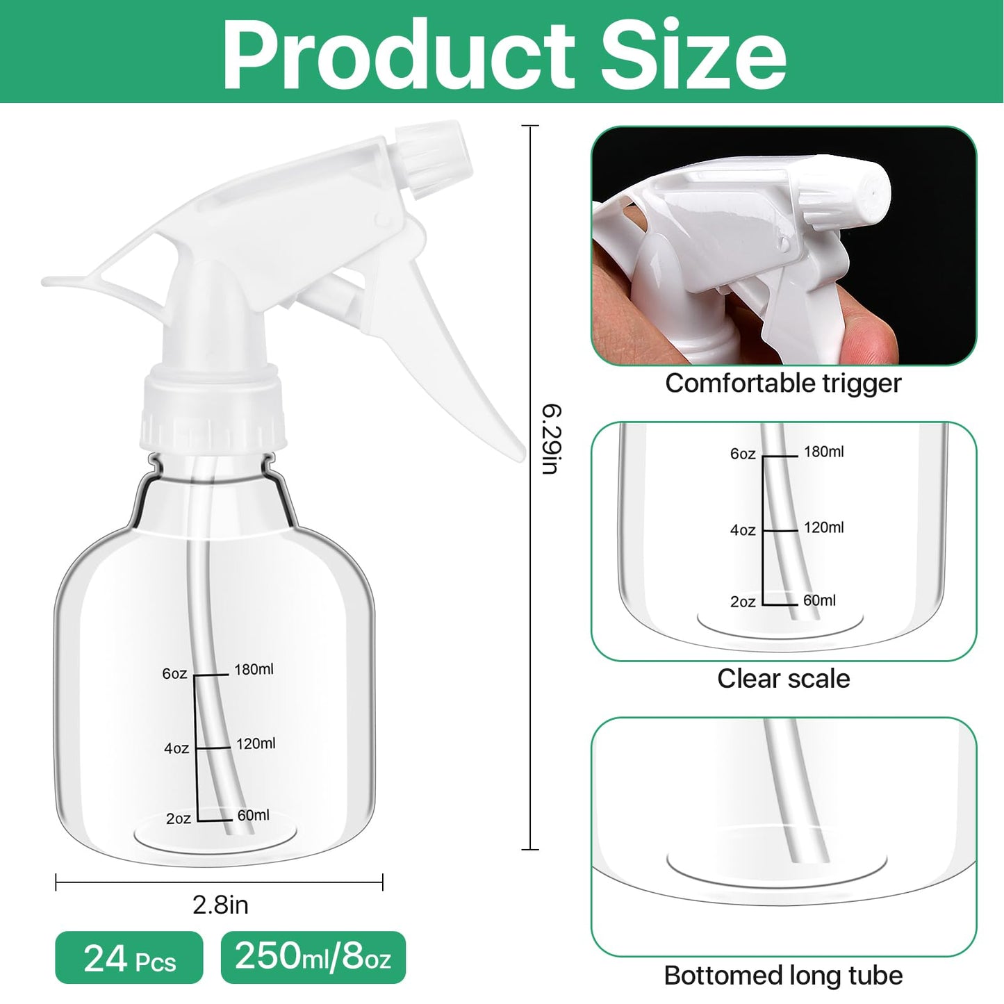 Worldity 24 Pcs Empty Plastic Mini Spray Bottles 8oz, Adjustable Nozzle, Refillable for Hair, Plant, Kitchen, Bath, White