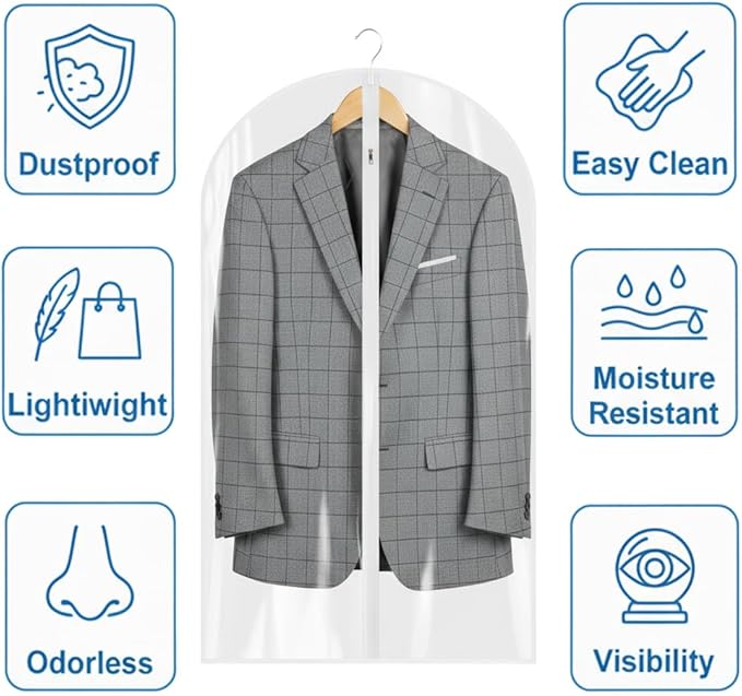 All Clear Garment Bags for Travel - 48” PEVA Waterproof Suit Cover with Zipper for Hanging Clothes, long dress - Durable Dresser for Closet Storage, Dustproof & Moisture Resistant - 48”/6 Pack