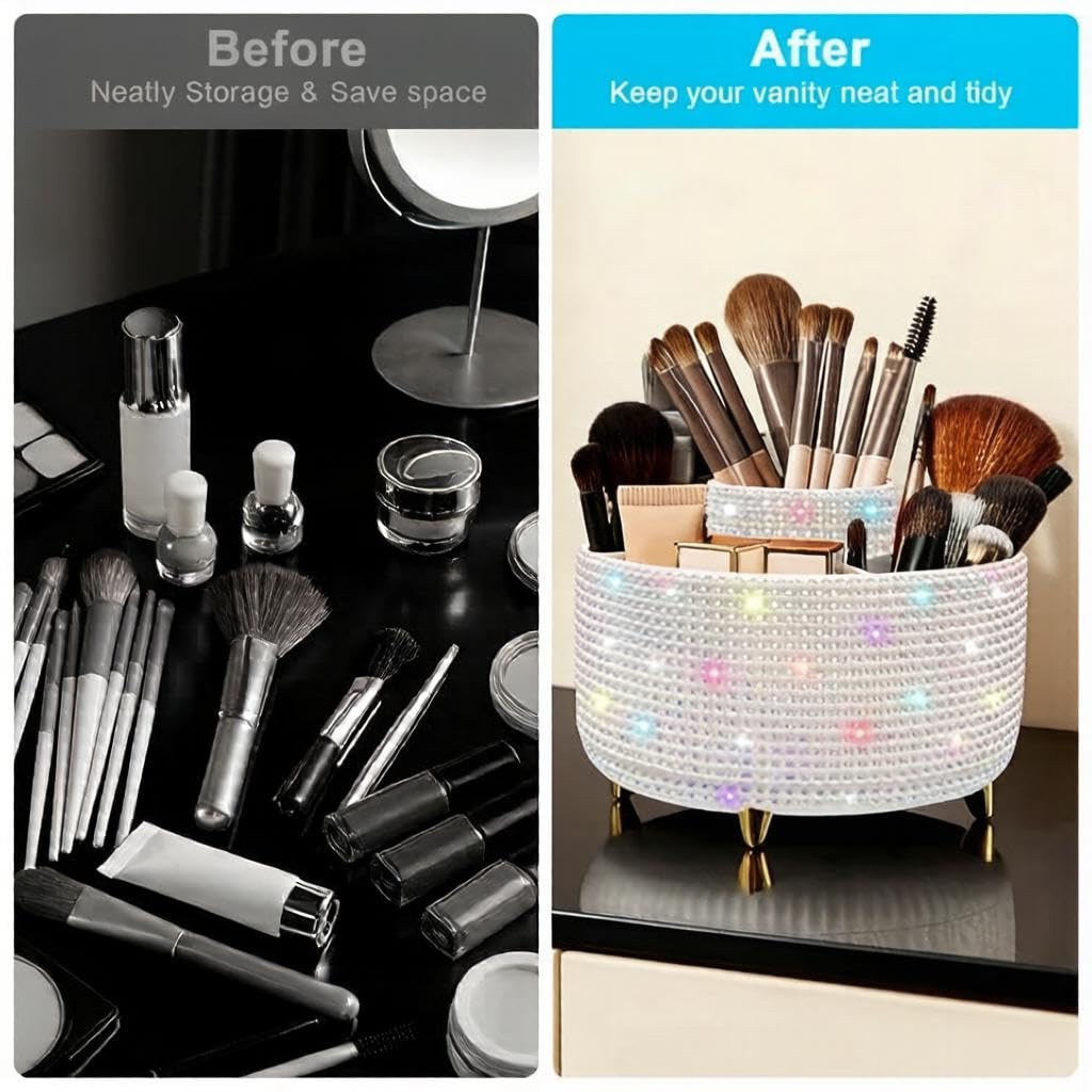 Bling Makeup Brush Holder,360° Rotating Makeup Brush Organizer,5 Slot Make up Brushes Cup for Cosmetics,Large Capacity,For Nail Polish, Art Supply, Bathroom Vanity,Cosmetics Organizer,Diamond White
