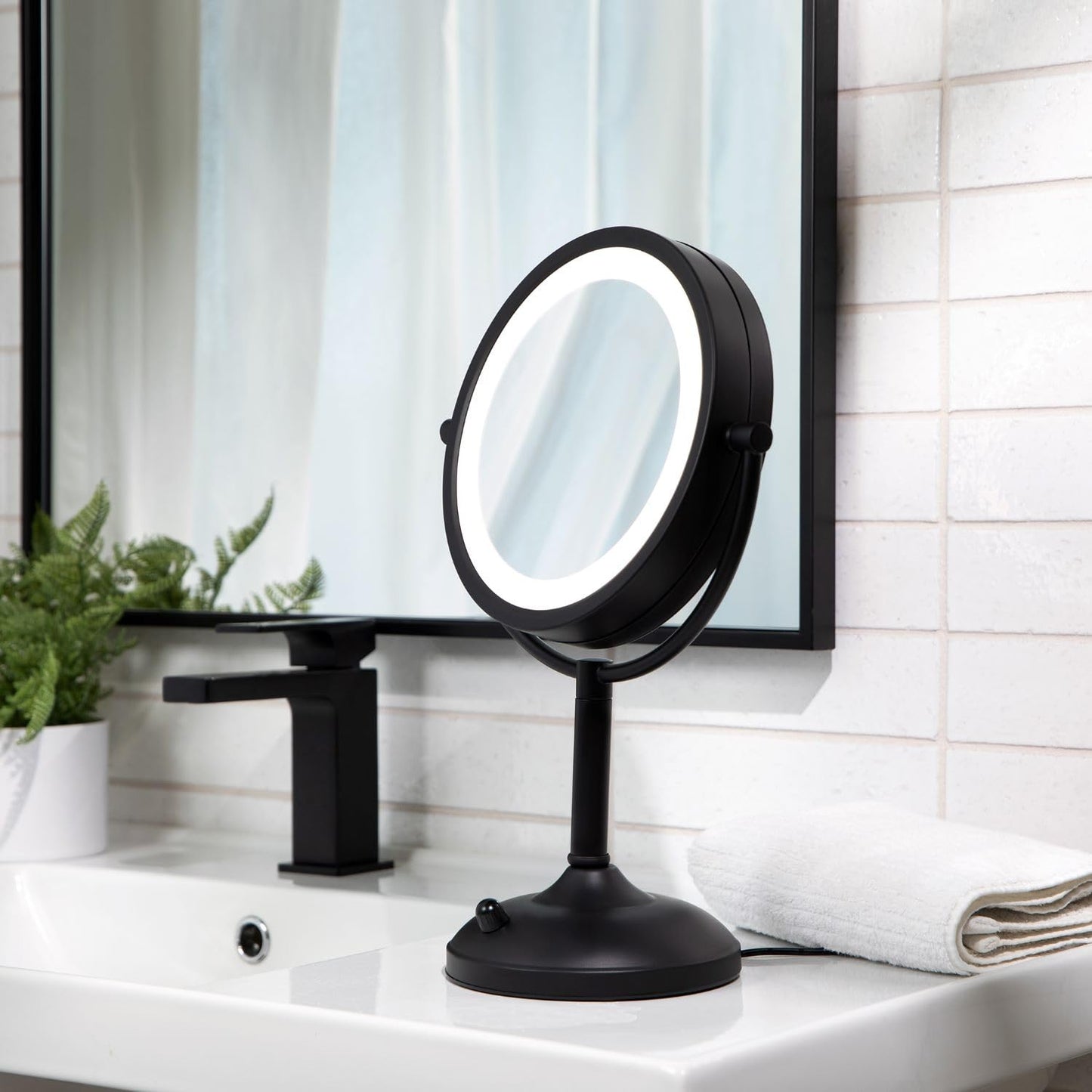 JERDON Lighted Tabletop Mirror with 10X/1X Magnification - Black Makeup Mirror with Multiple Light Settings - 8.5-Inch Diameter Vanity Mirror - Model JS8510BK