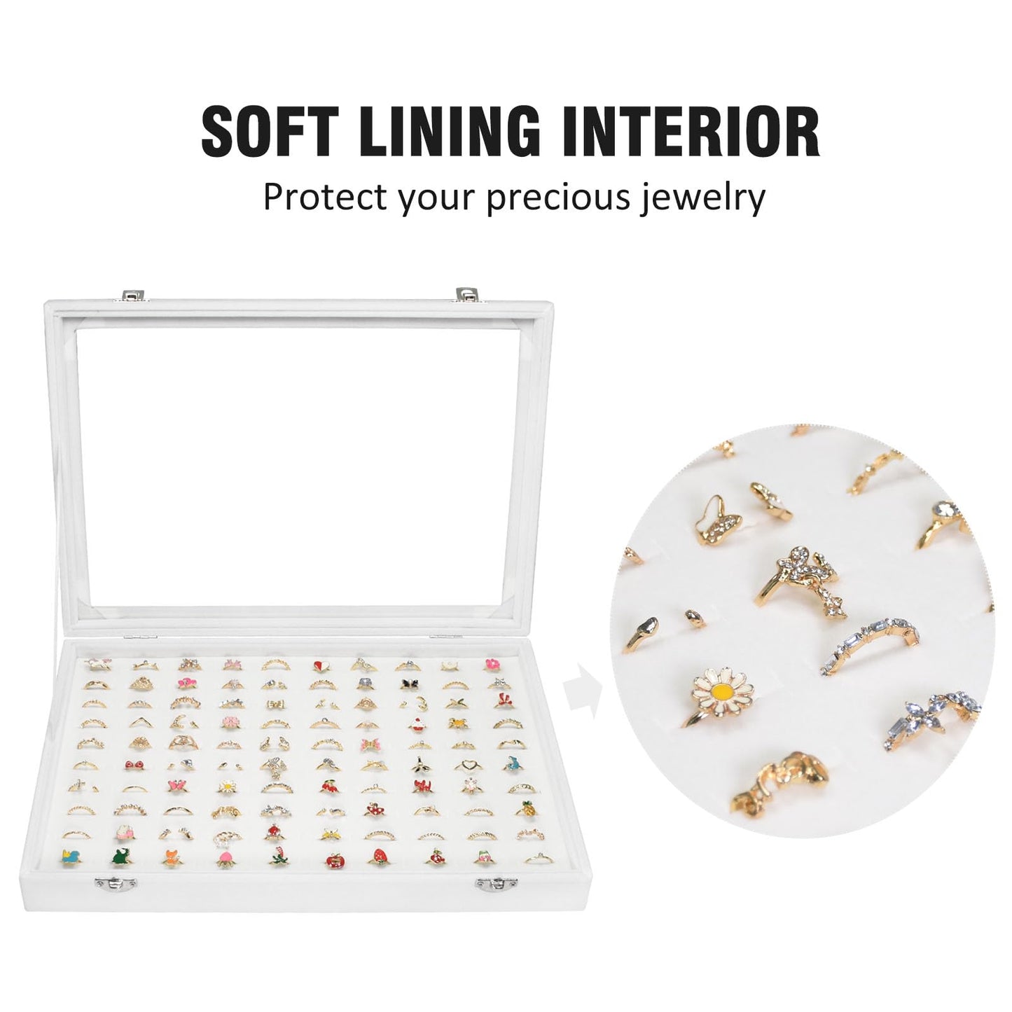 Vicoter Rings Organizer Tray 100 Slot Velvet Ring Earring Storage Box TranSparent Cover Jewelry Store Ring Display Box Jewelry Display Cabinet for Girl Wife Mother