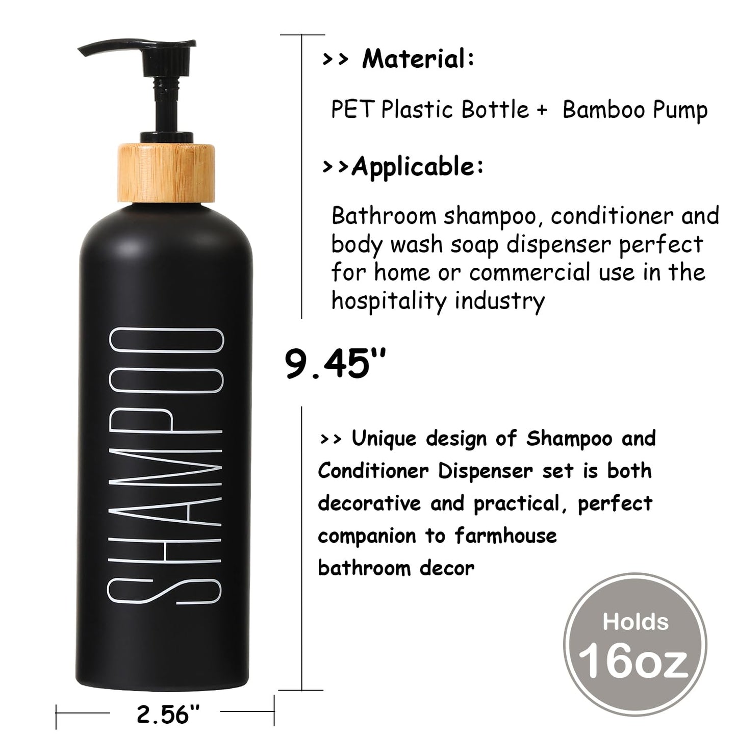 HOMCDALY 16oz 3-Pack Refillable Black Bathroom Shower Set - Empty Bottles with Pump for Shampoo, Conditioner, or Body Wash