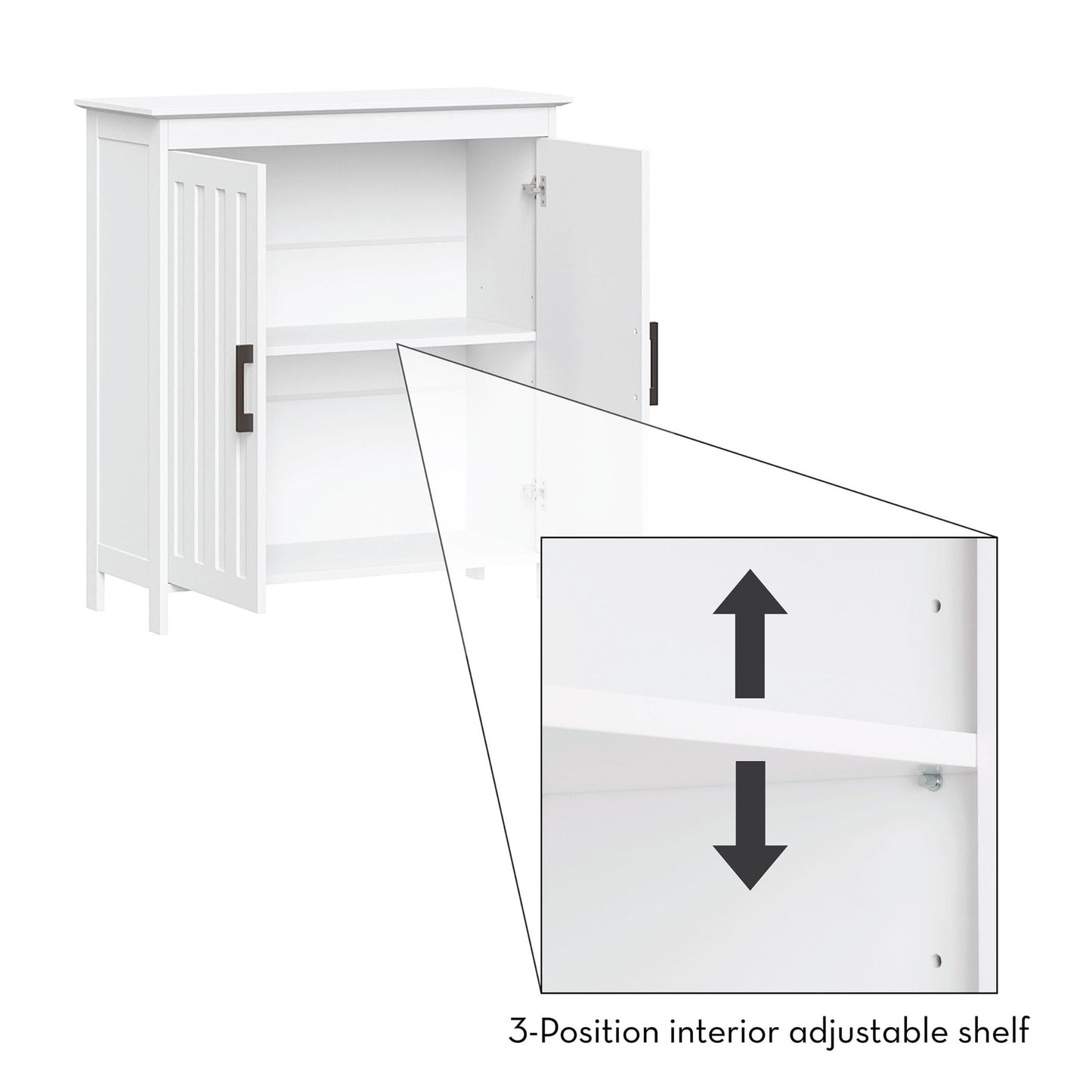 RiverRidge Monroe Two-Door Floor Storage Cabinet - Bathroom Storage Cabinet with Adjustable Shelves - Soft-Close Doors White Finish with Matte Black Handles