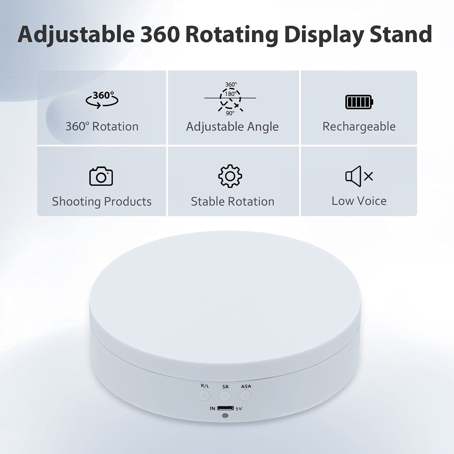 Mcbazel 5.4" Motorized Rotating Display Stand — 360° Electric Turntable | 3 Speeds & 4 Angle Modes | 6.6 lb Capacity | USB & Battery Powered | Photography, Collectibles, Jewelry & Tumblers