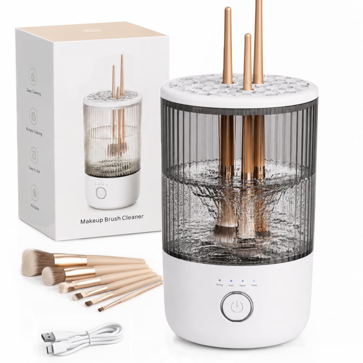 Mottinhill Makeup Brush Cleaner Machine, Automatic Electric Makeup Brush Cleaner with 4 Adjustable Speeds, Deep Cleaning Device, Portable USB Rechargeable (Gery White)