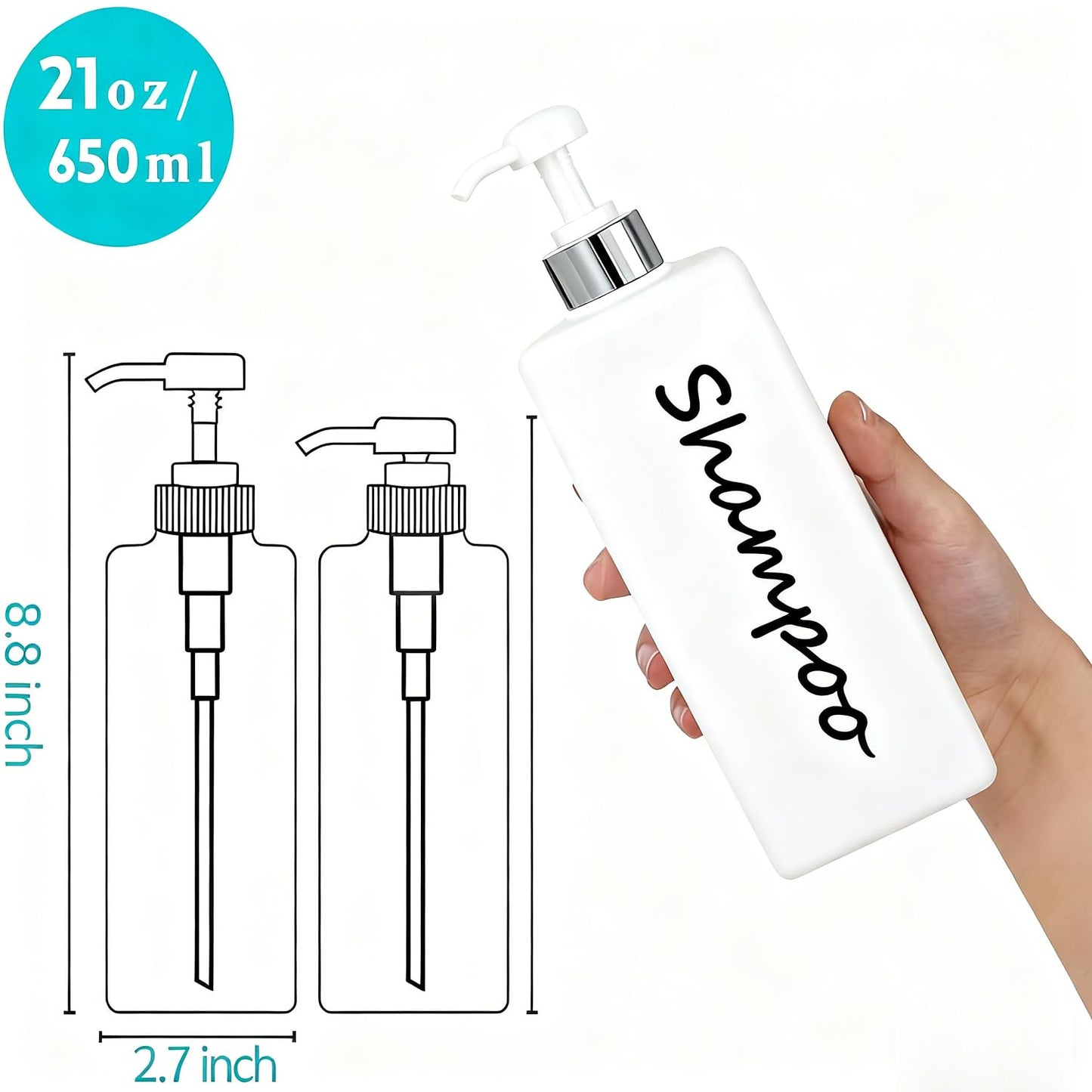 21oz Shampoo and Conditioner Dispenser (Set of 3) Modern Refillable Shampoo Pump Bottles for Shower Soap - Empty Shampoo Conditioner Body Wash Dispenser Set - Stylish Permanent Labels - for Bathroom