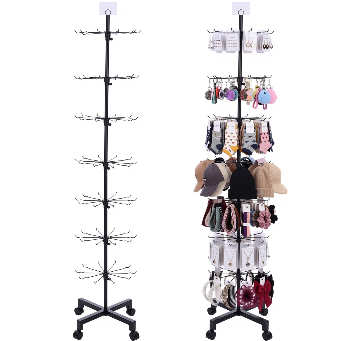 Ripeng 1 Pcs 7-Tier Rotating Retail Display Stand Display Rack for Earring Keychains Jewelry Vendor Events and Stores Movable Adjustable Shop Spinner Black Ornament Holder