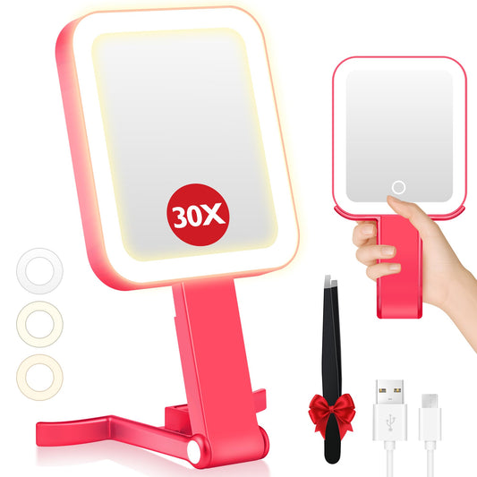 B Beauty Planet Small Travel Makeup Mirror with Lights(10" L x 5" W), Double-Sided 1X/30X Magnifying Mirror, 3 Color Lighting & Brightness Adjustable, Portable &Foldable Mirrors with Light (Red)