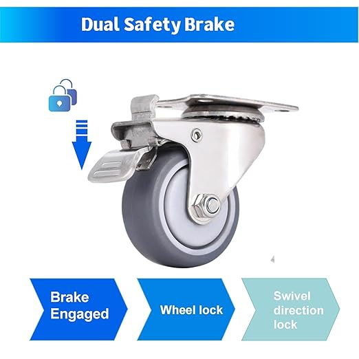 2 Inch Stainless Steel Caster Wheels Set of 4, Anti-Rust Swivel Casters with Brake, Silent and Floor-Friendly Thermoplastic Rubber Wheels for Furnitures,Labs,Hospitals,Restaurants