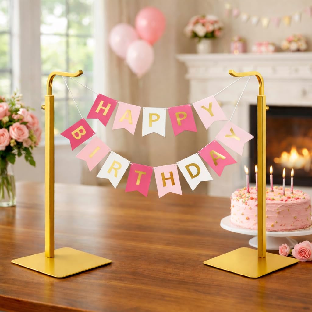 Josmimic Purse Display Stand, Height-Adjustable Tabletop Handbag Holder, Multi-Use Display Rack and Banner Stand for Happy Birthday Banners, Lanterns and Wreaths, for Home, Retail and Party Use, Gold