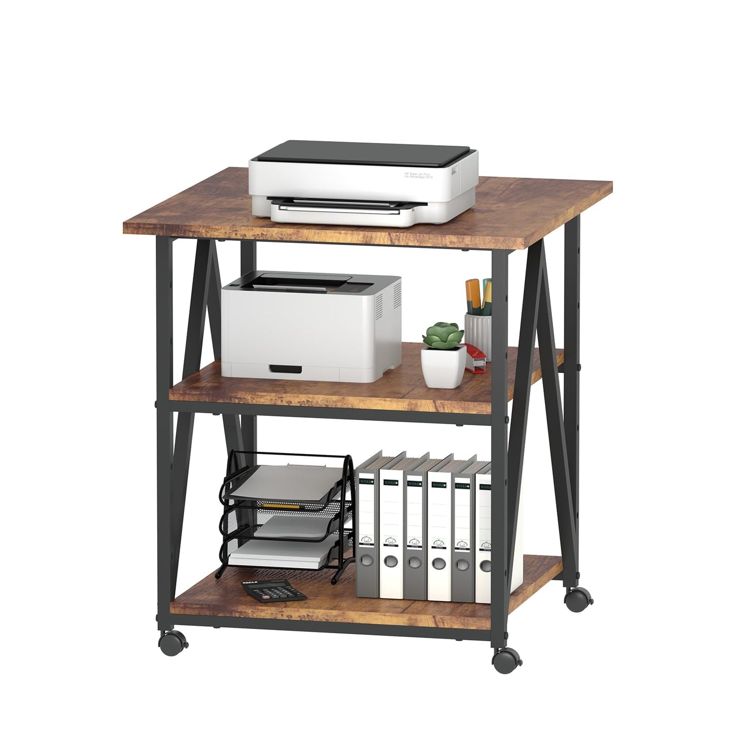 Arbuxzuy 3-Tier Printer Stand, Large Printer Table with Storage, Industrial Printer Storage Cart with Wheels, Rolling Printer Stand for Heat Press Scanner Fax, Brown