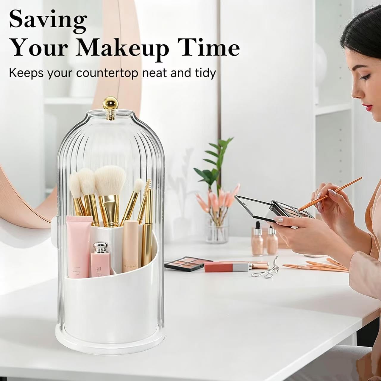 Bilziviro Makeup Brush Holder with 360° Rotating Lid, Covered Cosmetic Brush Organizer for Vanity, Bathroom Countertop Toothbrush Holder, Dustproof, Waterproof, Easy to Clean
