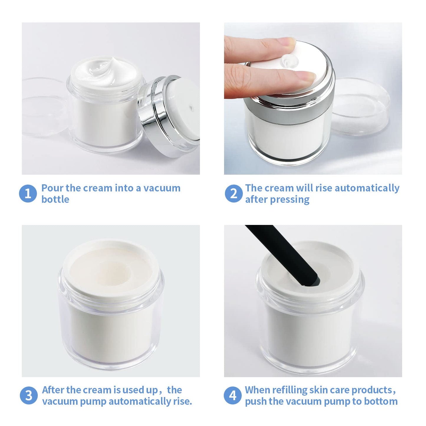 2Pack Airless Pump Jars with Cosmetic Spatula, 3.5 oz Empty Refillable Cosmetic Air Pump Jars Bottles Airless Lotion Cream Dispenser Portable Travel Makeup Containers (Silver)
